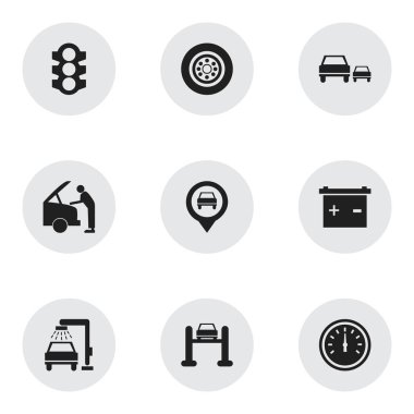 9 düzenlenebilir araba simgeler kümesi. Akümülatör, işaretçi, araç yıkama ve daha fazlası gibi simgeler içerir. Web, mobil, UI ve Infographic tasarımı için kullanılabilir.