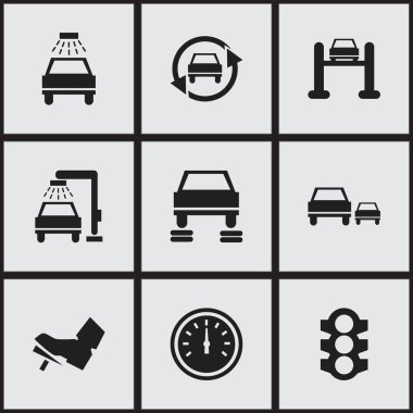 9 düzenlenebilir araç simgeler kümesi. Trafik ışığı, oto Servisi, hız kontrolü ve daha fazlası gibi simgeler içerir. Web, mobil, UI ve Infographic tasarımı için kullanılabilir.