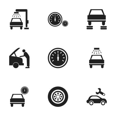 9 düzenlenebilir taşıma simgeler kümesi. Lastik, oto tamir, araç yıkama ve daha fazlası gibi simgeler içerir. Web, mobil, UI ve Infographic tasarımı için kullanılabilir.