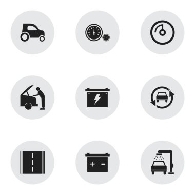 9 düzenlenebilir Rating simgeler kümesi. Araç Araba, hız göstergesi, ayarlama otomatik ve daha fazlası gibi simgeler içerir. Web, mobil, UI ve Infographic tasarımı için kullanılabilir.