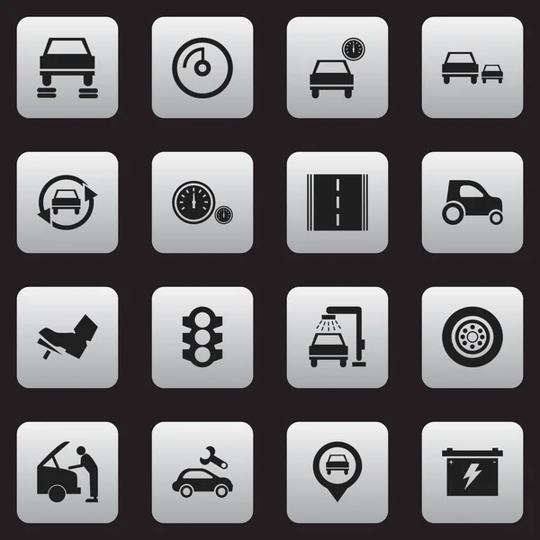 Satz von 16 editierbaren Transport-Symbolen. beinhaltet Symbole wie Fahrzeugwaschanlage, Autoreparatur, Geschwindigkeitsanzeige und mehr. kann für Web-, Mobil-, UI- und Infografik-Design verwendet werden. — Stockvektor