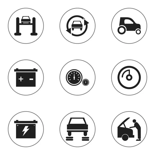 Conjunto de 9 iconos de coches editables. Incluye símbolos tales como Tuning Auto, reparación de automóviles, coche del vehículo y más. Puede ser utilizado para el diseño de la tela, móvil, interfaz de usuario e infografía . — Archivo Imágenes Vectoriales