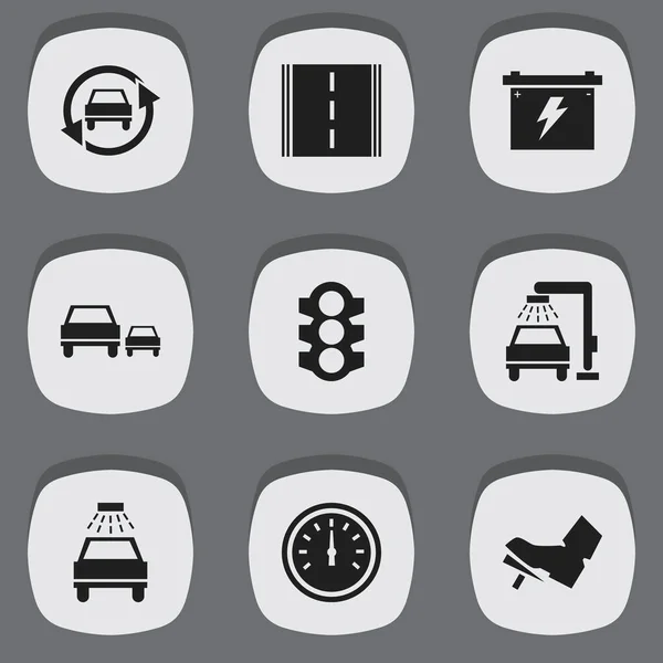 Conjunto de 9 iconos de tráfico editables. Incluye símbolos tales como roscado, control de velocidad, coche Lave y más. Puede ser utilizado para el diseño de la tela, móvil, interfaz de usuario e infografía . — Vector de stock