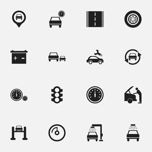Satz von 16 editierbaren Transport-Symbolen. beinhaltet Symbole wie Geschwindigkeitskontrolle, Tuning-Auto, Auto-Service und vieles mehr. kann für Web-, Mobil-, UI- und Infografik-Design verwendet werden. — Stockvektor