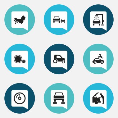 9 düzenlenebilir araba simgeler kümesi. Pedalla, oto tamir, arabayı tamir ve daha fazlası gibi simgeler içerir. Web, mobil, UI ve Infographic tasarımı için kullanılabilir.