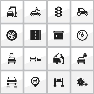 16 düzenlenebilir araç simgeler kümesi. Hız göstergesi, otomobil, oto Servisi ve daha fazlası gibi simgeler içerir. Web, mobil, UI ve Infographic tasarımı için kullanılabilir.