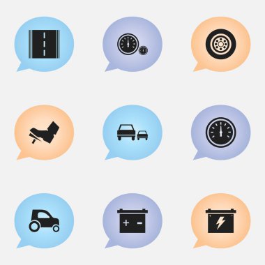 9 düzenlenebilir araba simgeler kümesi. Pedalla, araç Araba, hız kontrolü ve daha fazlası gibi simgeler içerir. Web, mobil, UI ve Infographic tasarımı için kullanılabilir.