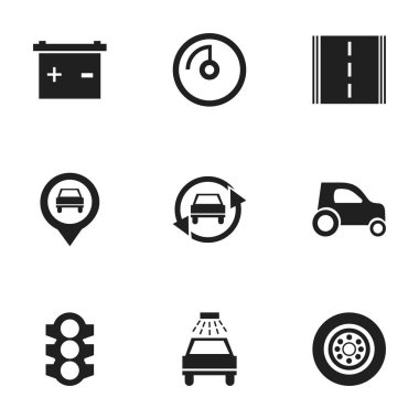 9 düzenlenebilir araba simgeler kümesi. Lastik, akü, araba yıkanmak gibi sembolleri içerir ve daha fazlası. Web, mobil, UI ve Infographic tasarımı için kullanılabilir.