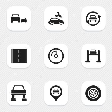 9 düzenlenebilir araç simgeler kümesi. Oto Servisi, yarış, otomotiv saptamak ve daha fazlası gibi simgeler içerir. Web, mobil, UI ve Infographic tasarımı için kullanılabilir.