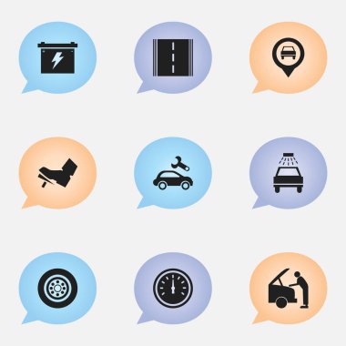 9 düzenlenebilir Rating simgeler kümesi. Hız kontrolü, pil, arabayı tamir ve daha fazlası gibi simgeler içerir. Web, mobil, UI ve Infographic tasarımı için kullanılabilir.