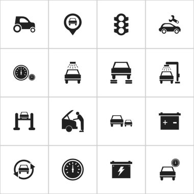 16 düzenlenebilir taşıma simgeler kümesi. Sembolleri arabasını tamir, oto tamir, araç araba ve daha fazla gibi içerir. Web, mobil, UI ve Infographic tasarımı için kullanılabilir.