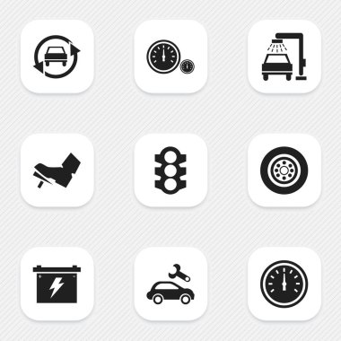 9 düzenlenebilir araba simgeler kümesi. Hız göstergesi, hız kontrolü, pil ve daha fazlası gibi simgeler içerir. Web, mobil, UI ve Infographic tasarımı için kullanılabilir.