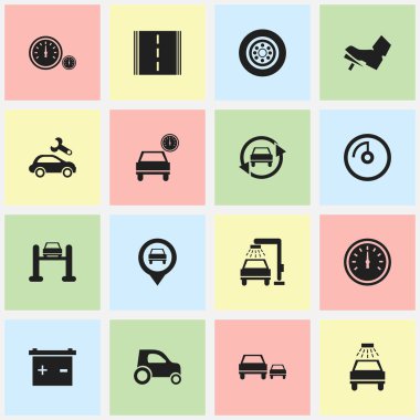 16 düzenlenebilir araç simgeler kümesi. Otoyol, hız kontrolü, araç yıkama ve daha fazlası gibi simgeler içerir. Web, mobil, UI ve Infographic tasarımı için kullanılabilir.