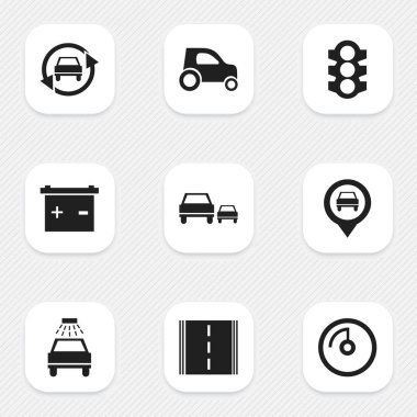 9 düzenlenebilir araç simgeler kümesi. Trafik ışığı, yolu, ayarlama otomatik ve daha fazla gibi simgeler içerir. Web, mobil, UI ve Infographic tasarımı için kullanılabilir.