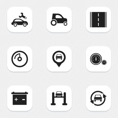 9 düzenlenebilir araba simgeler kümesi. Hız ekran, işaretçi, araç araba ve daha fazla gibi simgeler içerir. Web, mobil, UI ve Infographic tasarımı için kullanılabilir.