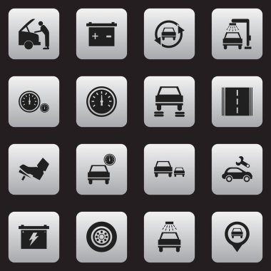 16 düzenlenebilir araç simgeler kümesi. Hız göstergesi, hız kontrolü, oto tamir ve daha fazlası gibi simgeler içerir. Web, mobil, UI ve Infographic tasarımı için kullanılabilir.