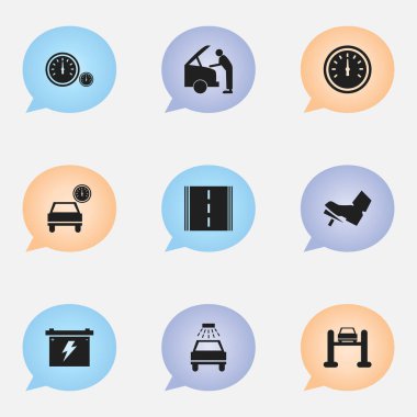 9 düzenlenebilir araç simgeler kümesi. Oto Servisi, araba yıkanmak gibi pedalla ve daha fazla simgeleri içerir. Web, mobil, UI ve Infographic tasarımı için kullanılabilir.