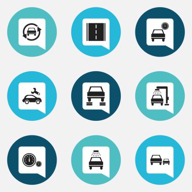 9 düzenlenebilir araç simgeler kümesi. Otoyol, otomatik, yarış ve daha fazla ayarlama gibi simgeler içerir. Web, mobil, UI ve Infographic tasarımı için kullanılabilir.