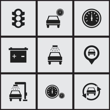 9 düzenlenebilir araç simgeler kümesi. Hız kontrolü, trafik ışığı, araç yıkama ve daha fazlası gibi simgeler içerir. Web, mobil, UI ve Infographic tasarımı için kullanılabilir.