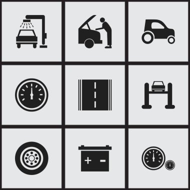 9 düzenlenebilir araç simgeler kümesi. Oto Servisi, hız kontrolü, otoyol ve daha fazlası gibi simgeler içerir. Web, mobil, UI ve Infographic tasarımı için kullanılabilir.