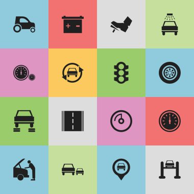 16 düzenlenebilir araba simgeler kümesi. Yarış, Otoban, arabayı tamir ve daha fazlası gibi simgeler içerir. Web, mobil, UI ve Infographic tasarımı için kullanılabilir.