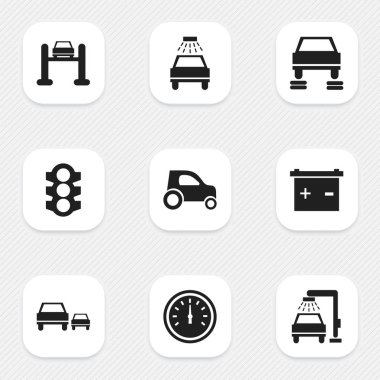 9 düzenlenebilir araç simgeler kümesi. Araba yıkanmak gibi araç yıkama, yarış ve diğer simgeler içerir. Web, mobil, UI ve Infographic tasarımı için kullanılabilir.
