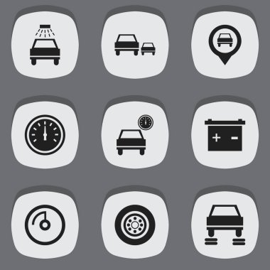 9 düzenlenebilir araç simgeler kümesi. Hız kontrolü, otomotiv ve lastik gibi simgeler içerir. Web, mobil, UI ve Infographic tasarımı için kullanılabilir.