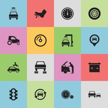 16 düzenlenebilir araç simgeler kümesi. Ayarlama otomatik, pedalla, hız ekran ve daha fazlası gibi simgeler içerir. Web, mobil, UI ve Infographic tasarımı için kullanılabilir.