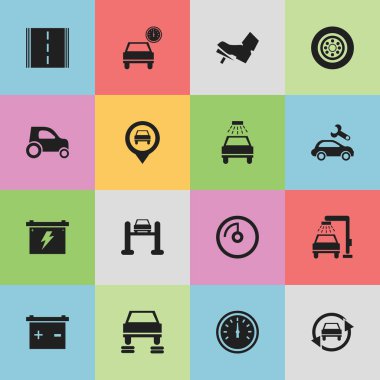 16 düzenlenebilir araç simgeler kümesi. Lastik, hız ekran, otomobil ve daha fazlası gibi simgeler içerir. Web, mobil, UI ve Infographic tasarımı için kullanılabilir.