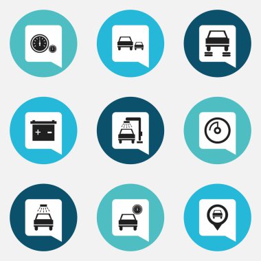 9 düzenlenebilir araba simgeler kümesi. Araç yıkama, oto tamir, yarış ve daha fazlası gibi simgeler içerir. Web, mobil, UI ve Infographic tasarımı için kullanılabilir.