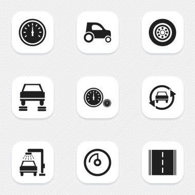 9 düzenlenebilir araba simgeler kümesi. Hız göstergesi, oto tamir, lastik ve daha fazlası gibi simgeler içerir. Web, mobil, UI ve Infographic tasarımı için kullanılabilir.