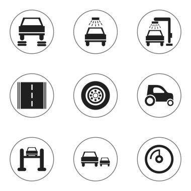 9 düzenlenebilir araç simgeler kümesi. Araç yıkama, Otoban, oto Servisi ve daha fazlası gibi simgeler içerir. Web, mobil, UI ve Infographic tasarımı için kullanılabilir.