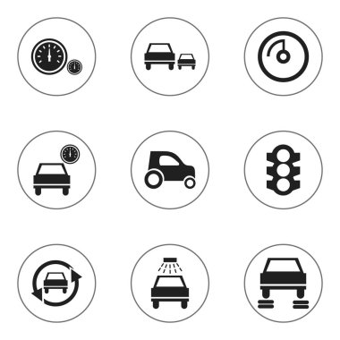 9 düzenlenebilir araç simgeler kümesi. Otomobil, hız ekran, yarış ve daha fazlası gibi simgeler içerir. Web, mobil, UI ve Infographic tasarımı için kullanılabilir.