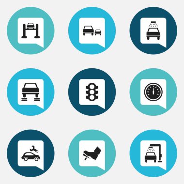 9 düzenlenebilir taşıma simgeler kümesi. Hız kontrolü, otomotiv düzeltme, oto tamir ve daha fazlası gibi simgeler içerir. Web, mobil, UI ve Infographic tasarımı için kullanılabilir.