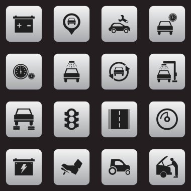 16 düzenlenebilir araba simgeler kümesi. Otomobil, ayarlama otomatik, işaretçi ve daha fazlası gibi simgeler içerir. Web, mobil, UI ve Infographic tasarımı için kullanılabilir.