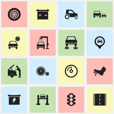 16 düzenlenebilir taşıma simgeler kümesi. Yarış, lastik, oto tamir ve daha fazlası gibi simgeler içerir. Web, mobil, UI ve Infographic tasarımı için kullanılabilir.