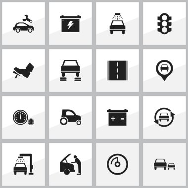 16 düzenlenebilir araba simgeler kümesi. Oto tamir, araç yıkama, otoyol ve daha fazlası gibi simgeler içerir. Web, mobil, UI ve Infographic tasarımı için kullanılabilir.