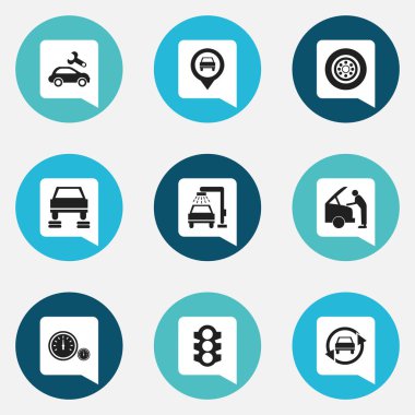 9 düzenlenebilir araç simgeler kümesi. İşaretçi, otomatik, lastik ve daha fazla ayarlama gibi simgeler içerir. Web, mobil, UI ve Infographic tasarımı için kullanılabilir.