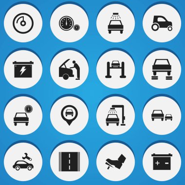 16 düzenlenebilir araç simgeler kümesi. Otoyol, hız göstergesi, otomobil ve daha fazlası gibi simgeler içerir. Web, mobil, UI ve Infographic tasarımı için kullanılabilir.