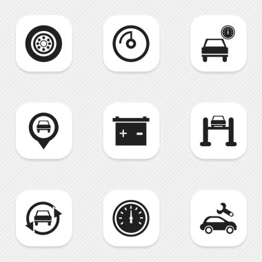 9 düzenlenebilir araç simgeler kümesi. Otomobil, işaretçi, otomotiv saptamak ve daha fazlası gibi simgeler içerir. Web, mobil, UI ve Infographic tasarımı için kullanılabilir.