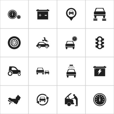 16 düzenlenebilir araç simgeler kümesi. Araba yıkanmak gibi otomobil, işaretçi ve diğer simgeler içerir. Web, mobil, UI ve Infographic tasarımı için kullanılabilir.