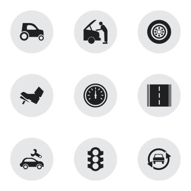 9 düzenlenebilir araç simgeler kümesi. Araba tamir, Otoban, trafik ışığı ve daha fazlası gibi simgeler içerir. Web, mobil, UI ve Infographic tasarımı için kullanılabilir.