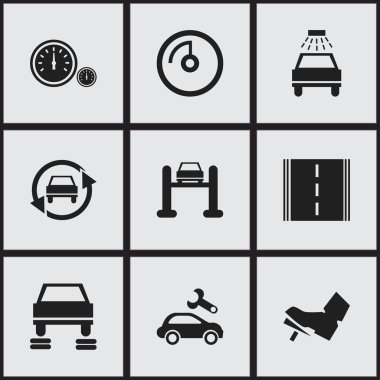 9 düzenlenebilir araba simgeler kümesi. Pedalla, oto Servisi, hız ve daha fazlası gibi simgeler içerir. Web, mobil, UI ve Infographic tasarımı için kullanılabilir.