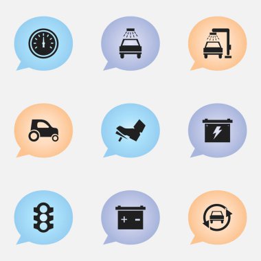 9 düzenlenebilir taşıma simgeler kümesi. Araç Araba, hız kontrolü, pedalla ve daha fazlası gibi simgeler içerir. Web, mobil, UI ve Infographic tasarımı için kullanılabilir.