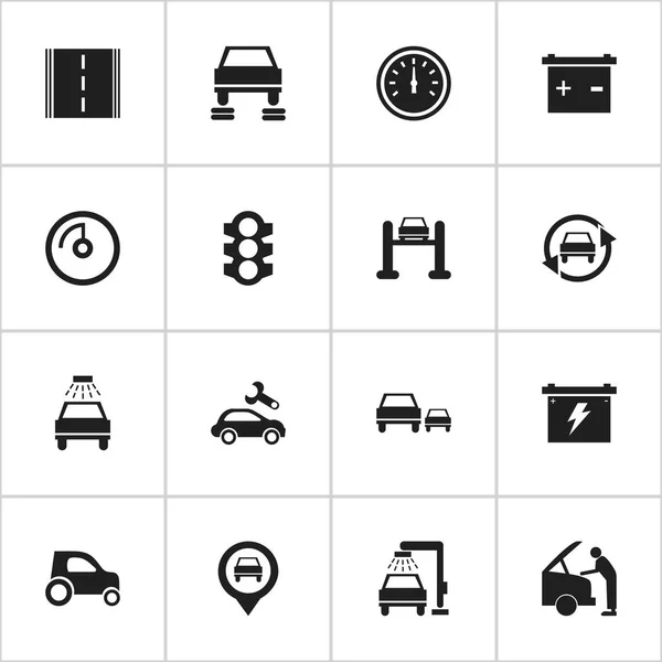 Satz von 16 editierbaren Fahrzeug-Symbolen. beinhaltet Symbole wie Auto Befestigung, Rasse, Zeiger und vieles mehr. kann für Web-, Mobil-, UI- und Infografik-Design verwendet werden. — Stockvektor