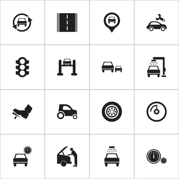 Satz von 16 editierbaren Verkehrssymbolen. beinhaltet Symbole wie Auto Befestigung, Tacho, Rennen und vieles mehr. kann für Web-, Mobil-, UI- und Infografik-Design verwendet werden. — Stockvektor