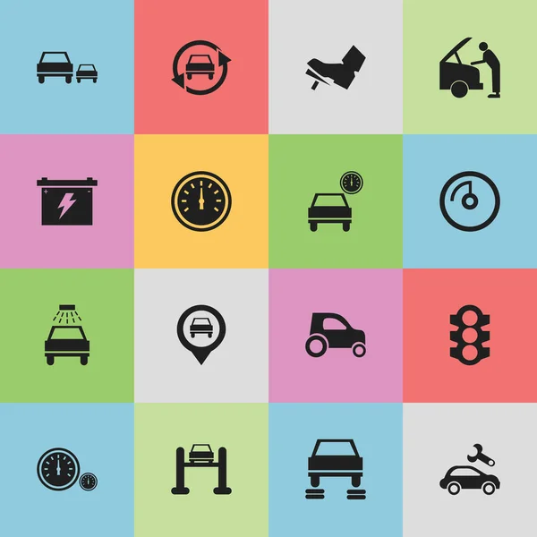 Set of 16 Editable Vehicle Icons (dalam bahasa Inggris). Termasuk Simbol-simbol seperti Ras, Kontrol Kecepatan, Tampilan Kecepatan Dan Lainnya. Dapat Digunakan Untuk Web, Mobile, UI Dan Desain Infografis . - Stok Vektor