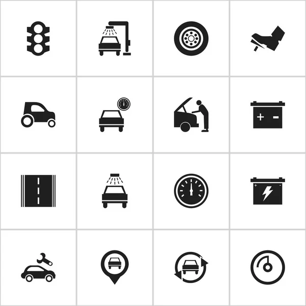 Satz von 16 editierbaren Transport-Symbolen. beinhaltet Symbole wie Reifen, Auto lave, Zeiger und vieles mehr. kann für Web-, Mobil-, UI- und Infografik-Design verwendet werden. — Stockvektor