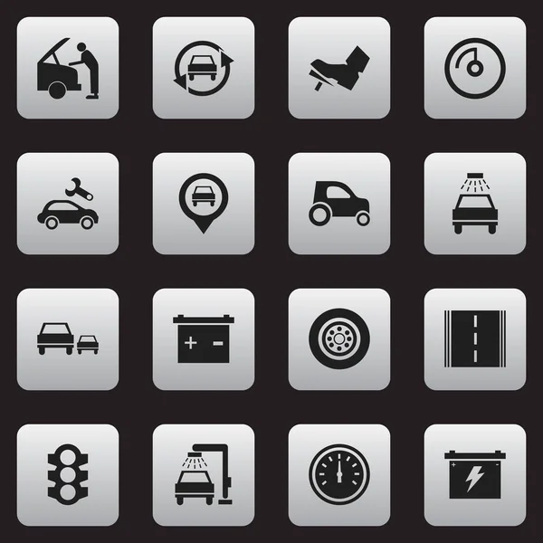 Conjunto de 16 iconos de transporte editables. Incluye símbolos como batería, neumático, raza y más. Puede ser utilizado para el diseño de la tela, móvil, interfaz de usuario e infografía . — Vector de stock