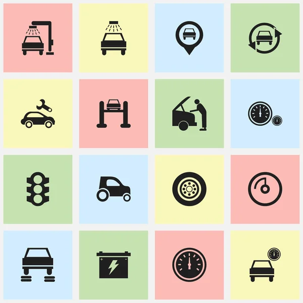 Набір з 16 значків редагування трафіку. Включає в себе такі символи, як кріплення автомобіля, спідометр, автомобільне кріплення та багато іншого. Може використовуватися для веб, мобільного, інтерфейсу та інфографіки . — стоковий вектор